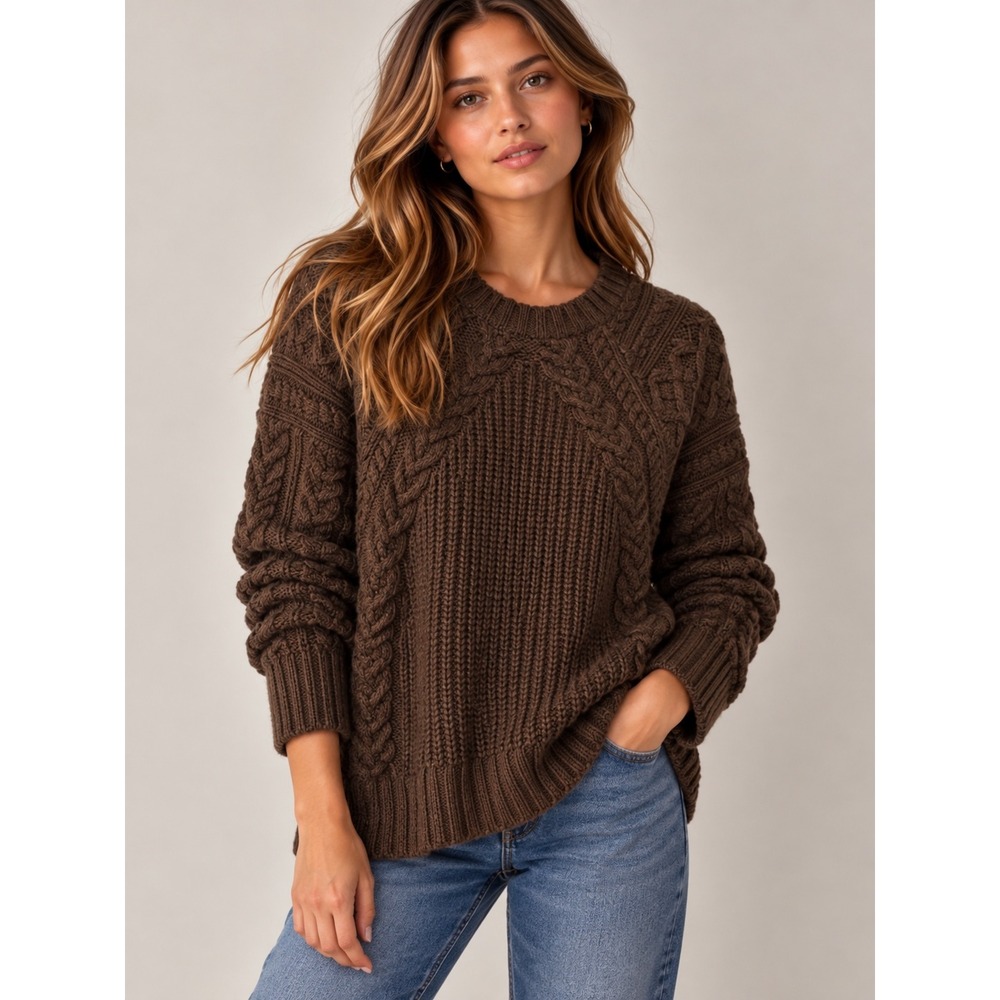 MNG Brown Chunky Cable Knit Crewneck Old Money Sweater, Medium